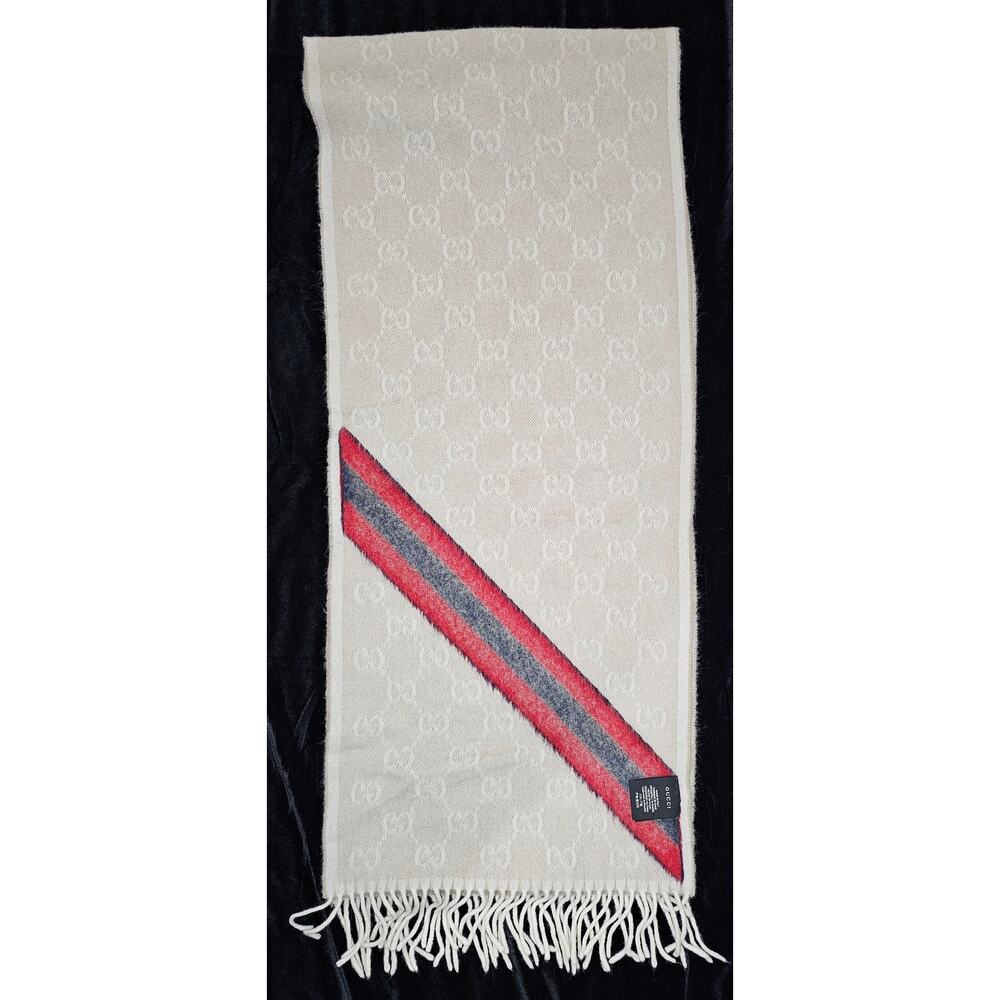 Gucci Muffler Stole Wool GG Pattern Fringe -White/Cream - Picture 5 of 7